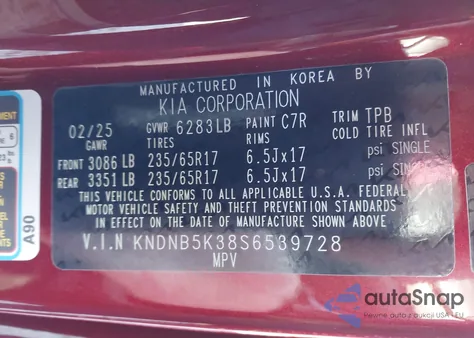 2025 Kia Carnival Mpv Lxs z USA, uszkodzony, nr VIN KNDNB5K38S6539728